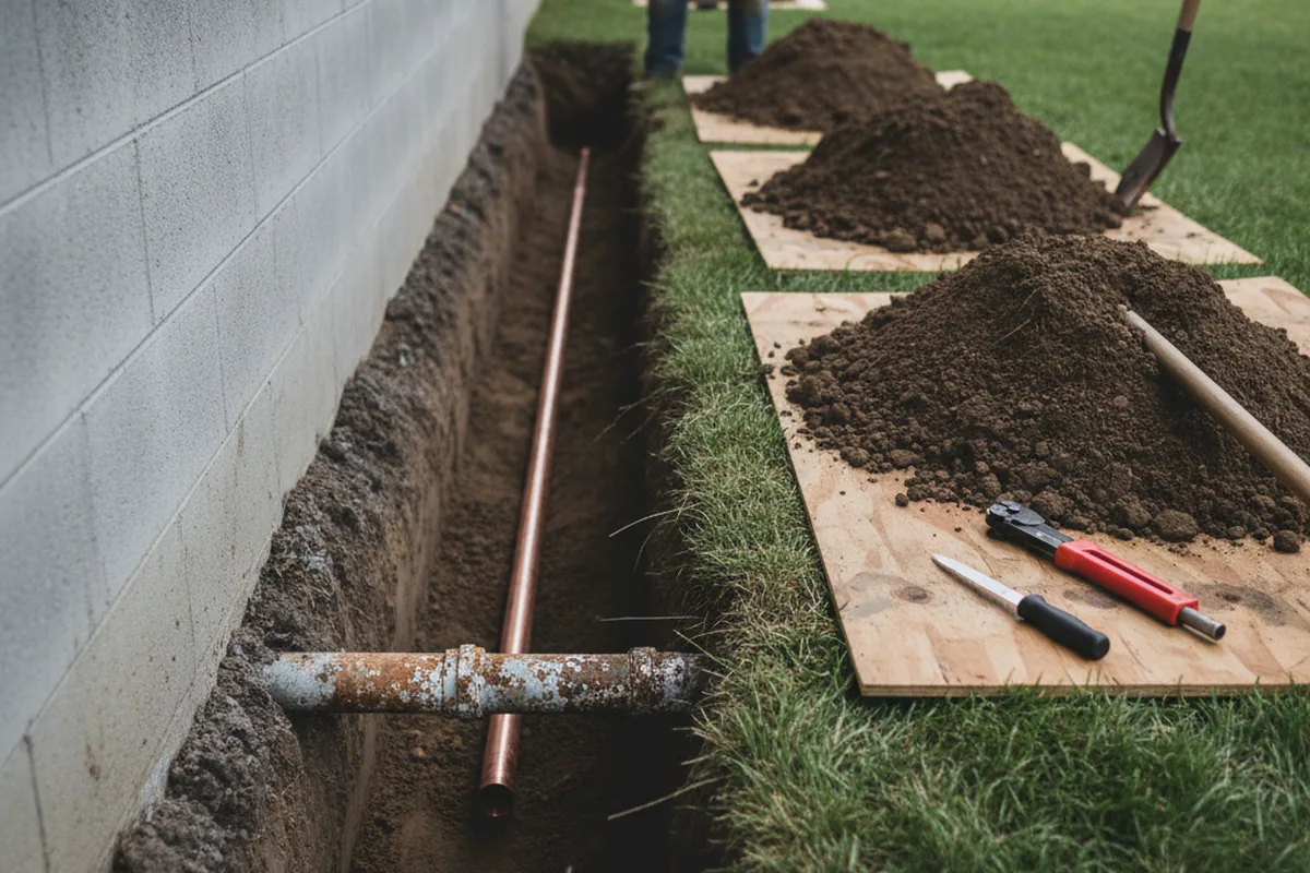 Excavated water line trench during Sewer Line Repair in Port Tobacco